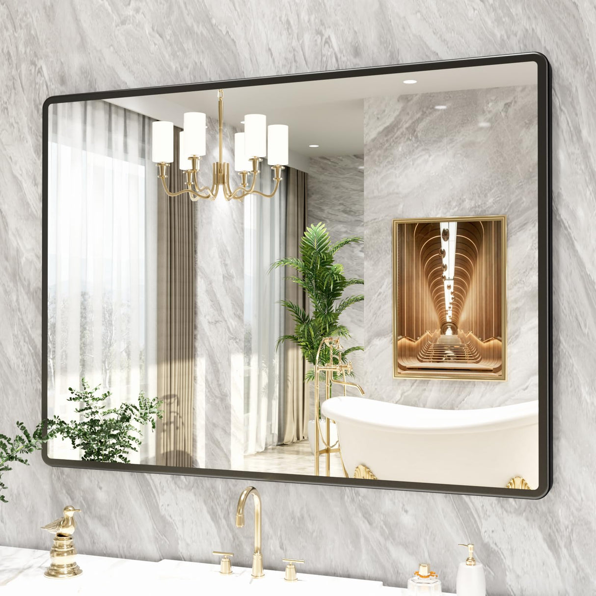 Bathroom Mirror, Black Metal Frame Rounded Rectangle Mirror