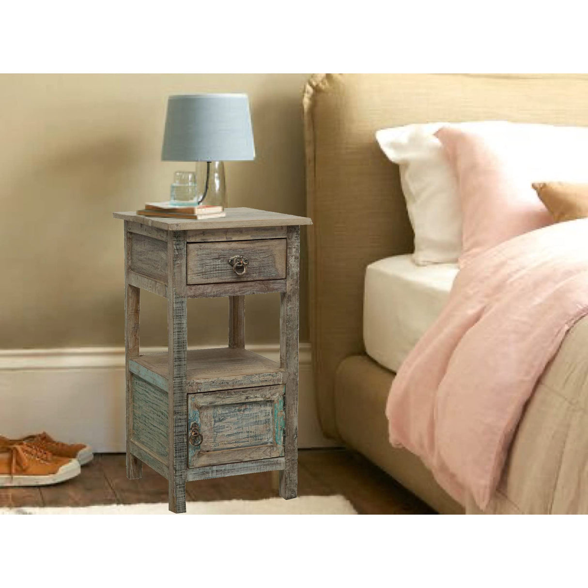 Recycled Solid Wood Made, Antiqued Finish W40xDP25xH50 cm Sized Bedside Table