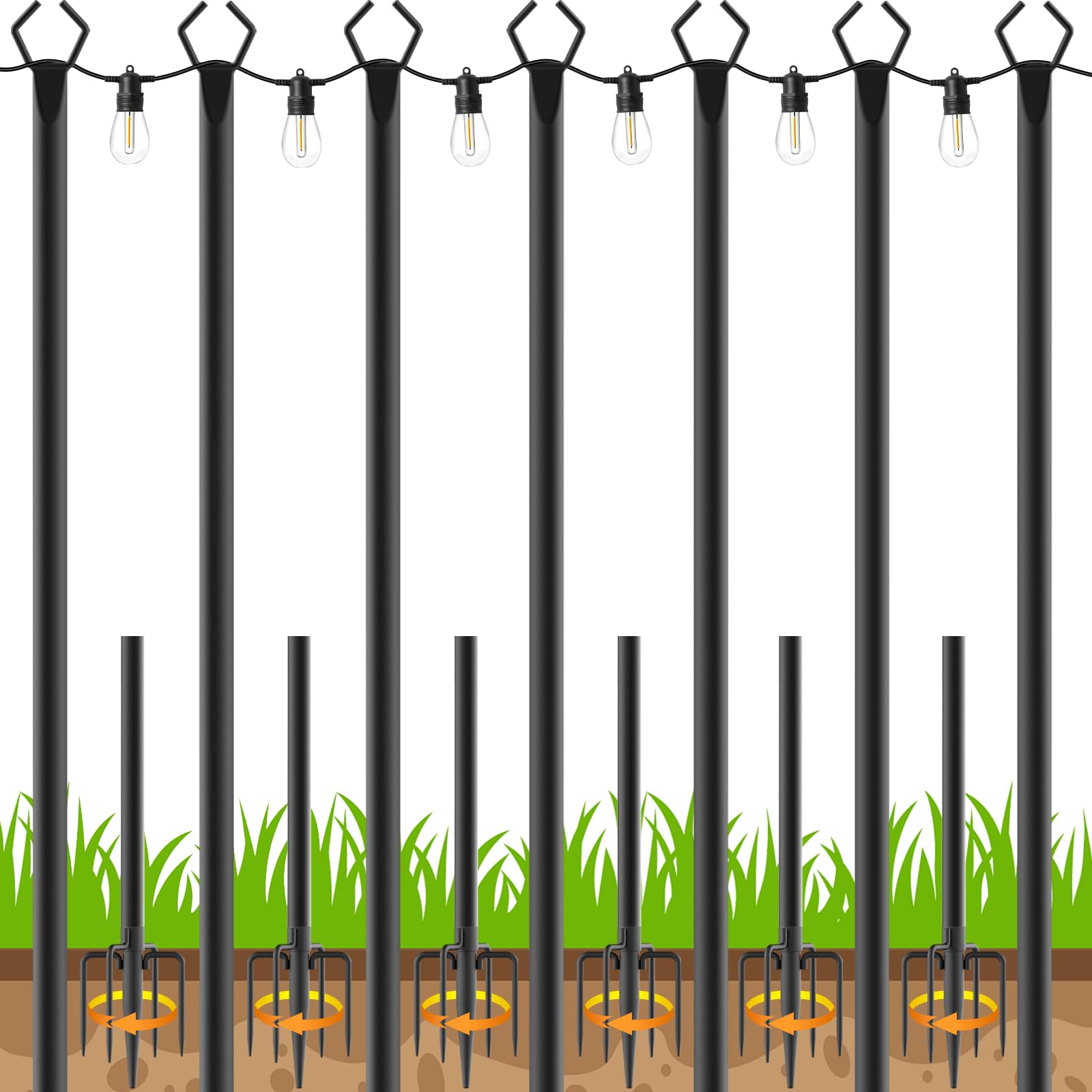 7 Pack 10 FT String Light Poles,Metal with Fork Lights Poles for Outdoor String Light