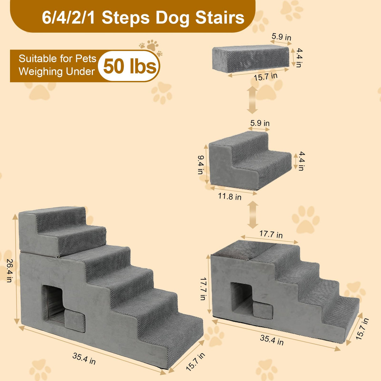 6-Step Dog Stairs for High Beds - 27" Height