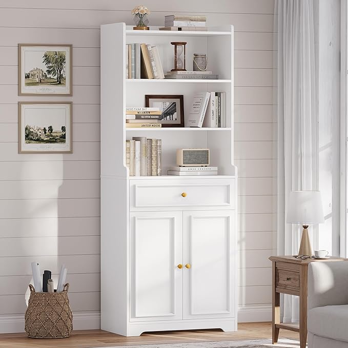 Bookshelves and Bookcase with Doors and Drawer, Shelves, 73 in Tall Bookshelf