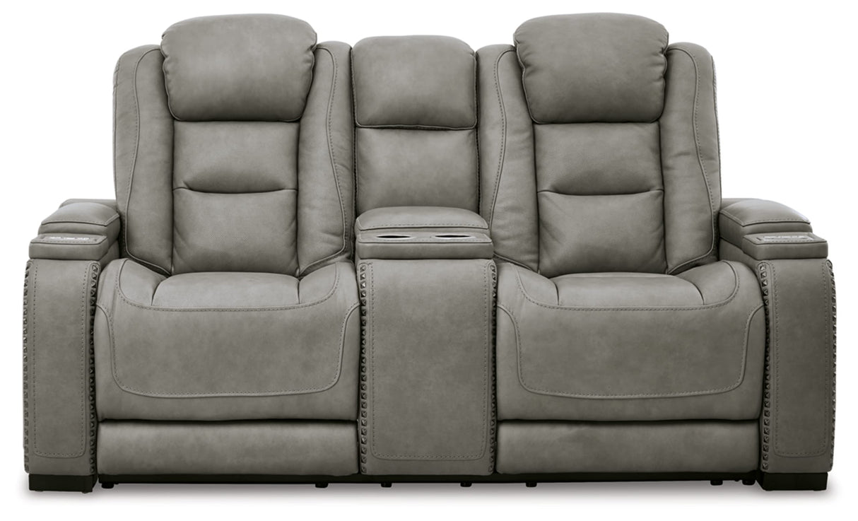 The Man-Den Leather Power Reclining Loveseat with Center Console, Adjustable Headrest