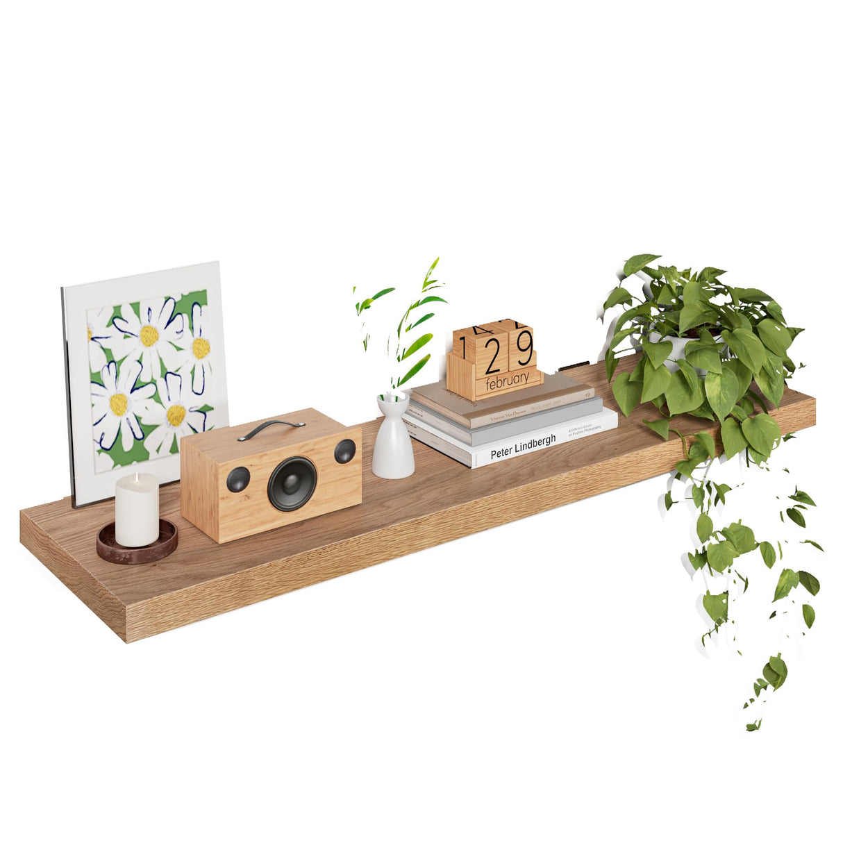 36 Inch Oak Floating Shelves - 10 Inch Deep, Rustic Wood Live Edge, Heavy Duty for Wall