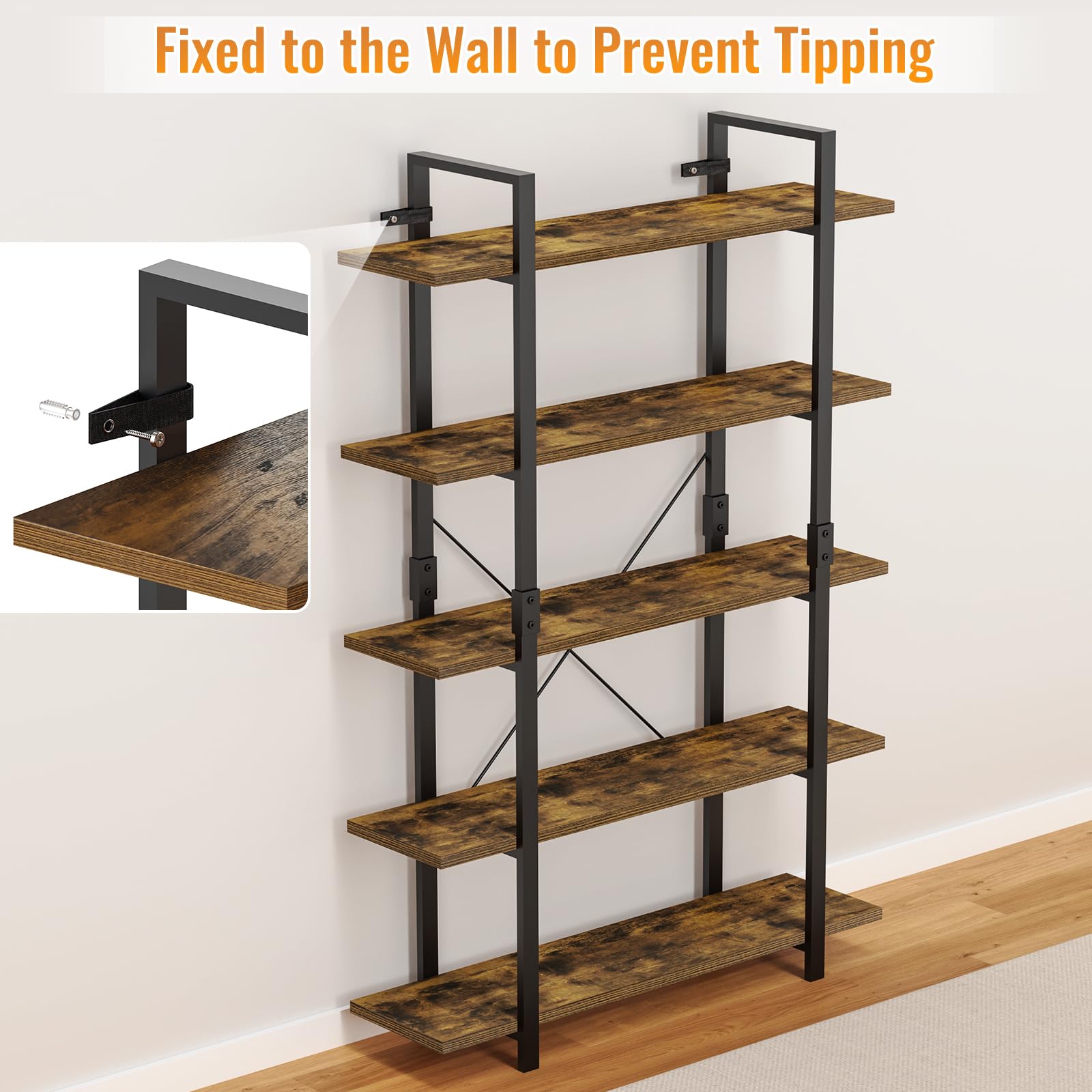 5 Tier Bookshelf, 70 inch Tall Solid Bookcase Industrial Wooden Bookshelves