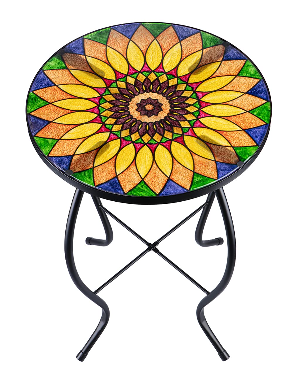 Sunflower Outdoor Side Table, Mosaic Design, Small Glass Top, Round, Patio Side Table