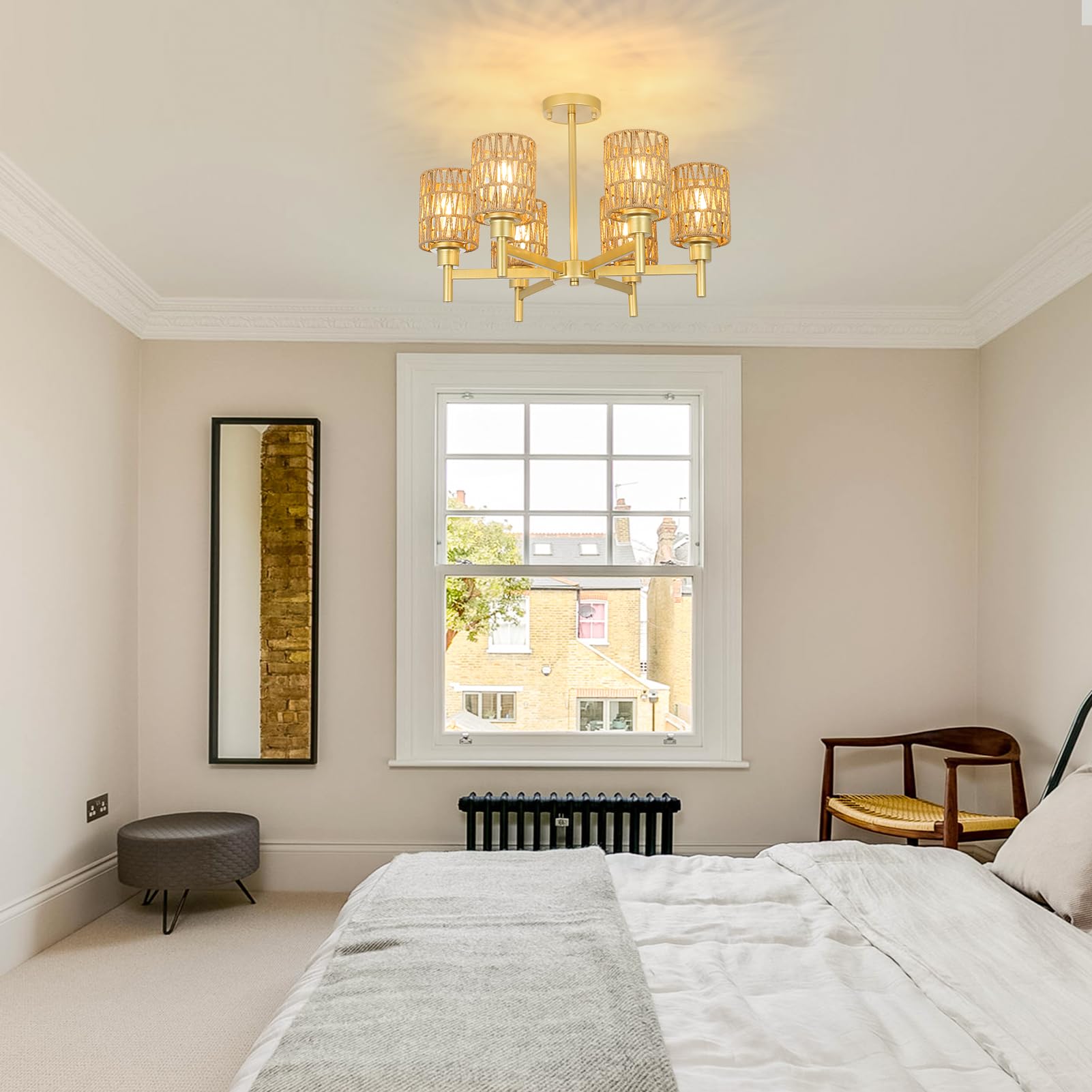 6-Lights Gold Chandelier Light Fixture - Boho Rattan Chandeliers for Dining Room, Farmhouse Kitchen Lighting Fixtures Ceiling, Hanging Pendant lights for Kitchen Island Bedroom Living Room Nursery