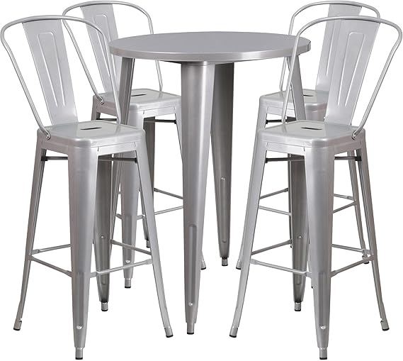 30" Round Orange Metal Indoor-Outdoor Bar Table Set with 4 Cafe Stools