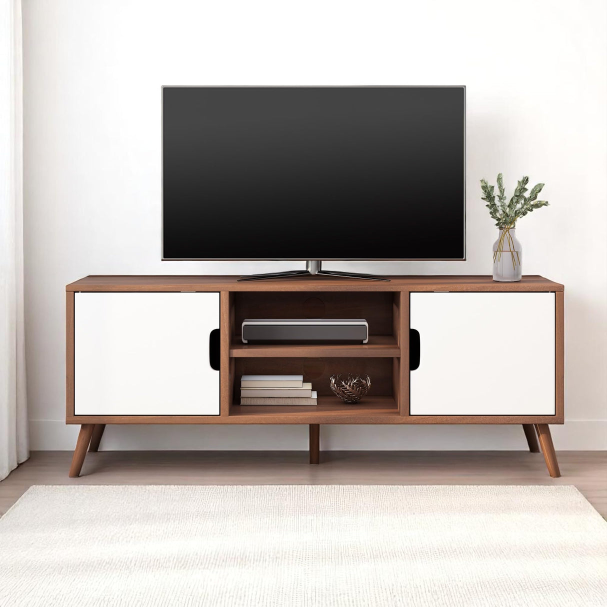 Mid-Century Modern TV Stand, Wood TV Console with 3 Drawers and Pine Splayed Legs
