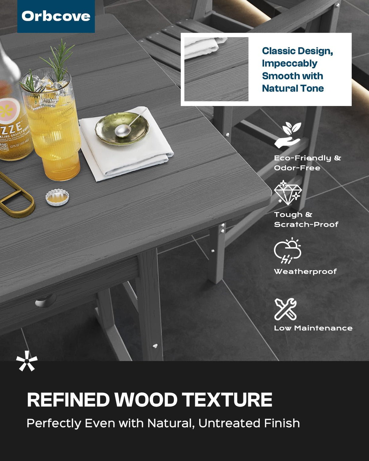 Orbcove 3-Piece Bar Height Patio Table and Chairs Set, HDPE Wood Grain Outdoor Bar Table and Chairs with Heart Cutout Design, Weather-Resistant Bar Height Furniture for Deck, Porch, Pool (Grey)