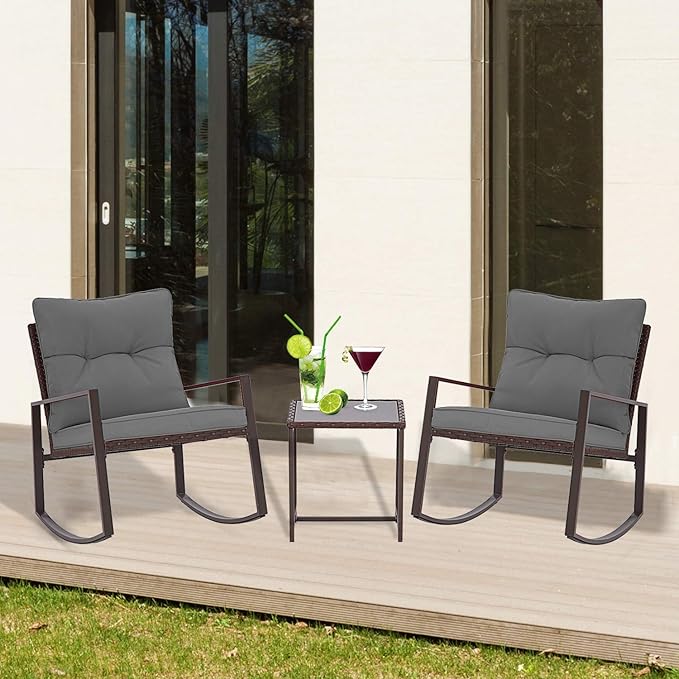 3-Piece Patio Bistro Set Outdoor Rocking Chairs Set Brown Wicker Porch Chairs
