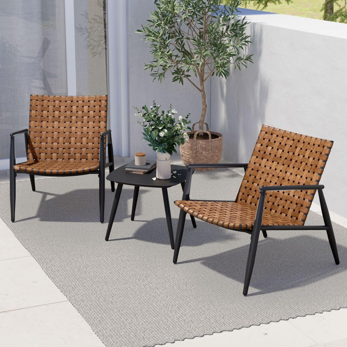 Outdoor Bistro Set 3 Pieces Leather-Look Wicker Patio Chairs Set