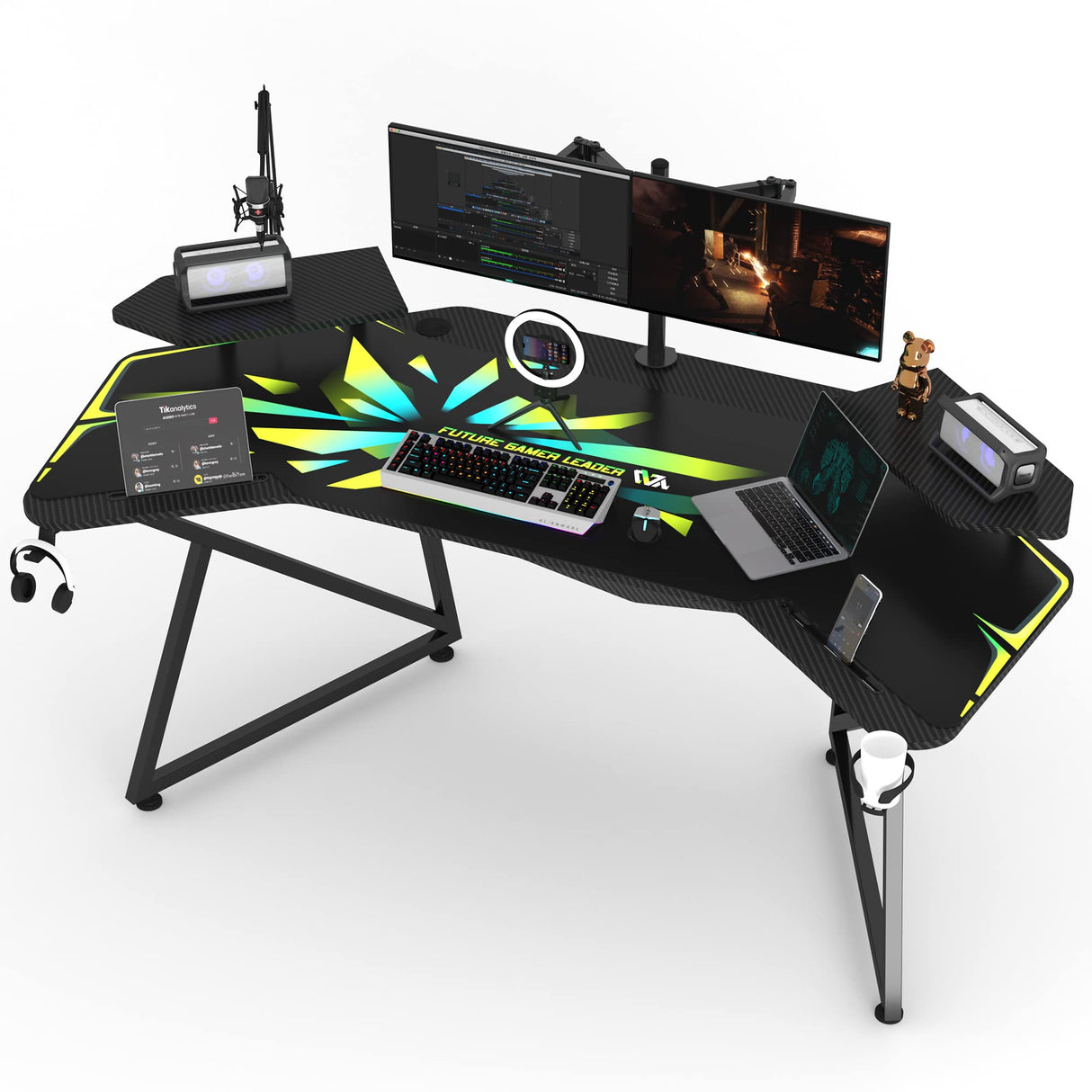 Gaming Desk with Removable Speaker Stand, 72'' Large Studio Wing-Shaped Gaming