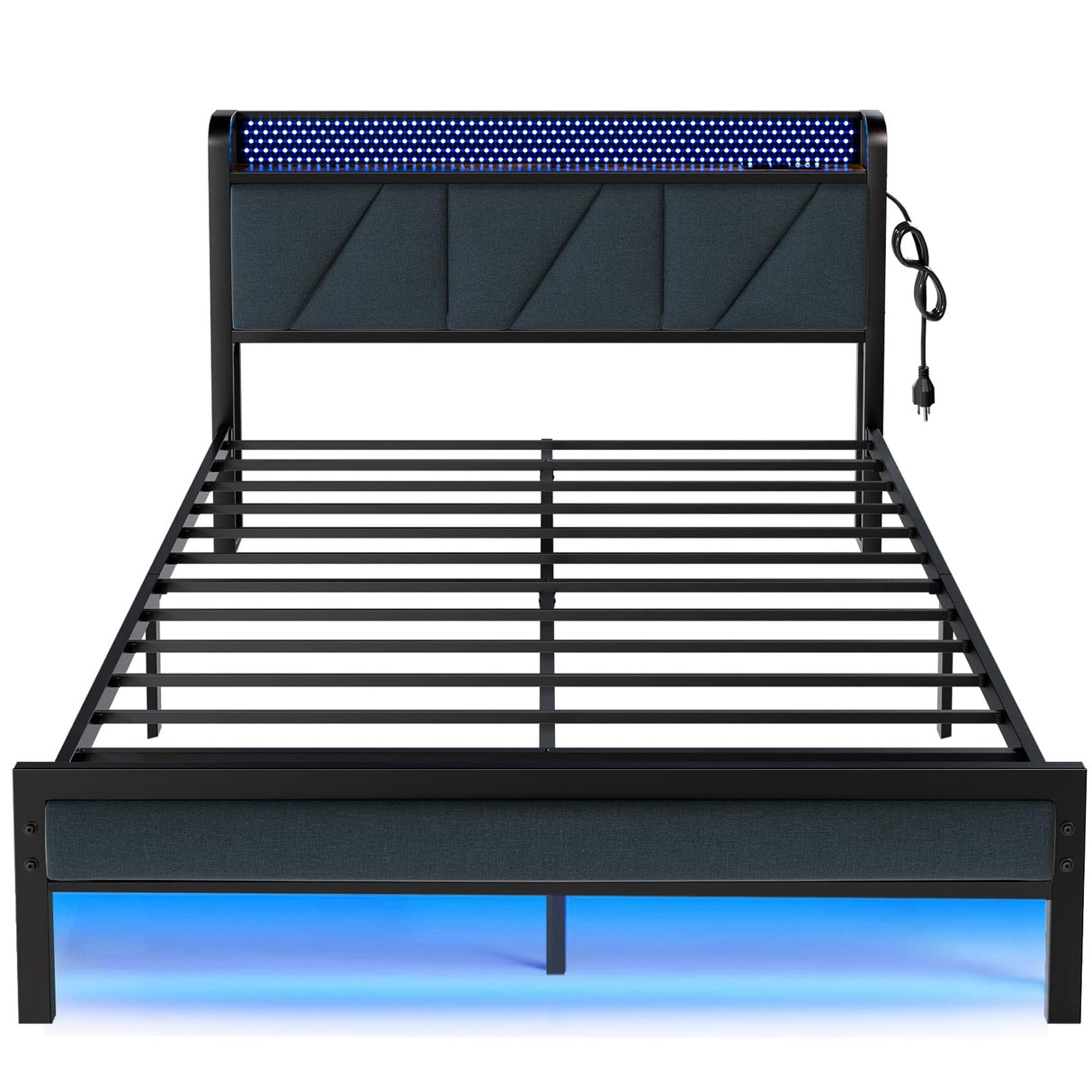 Queen Size Upholstered Bed Frame with LED Lights and Charging Station