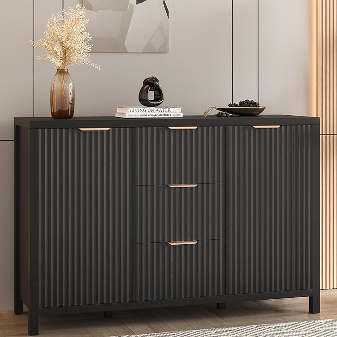 Modern Fluted Black Storage Cabinet with Adjustable Shelf