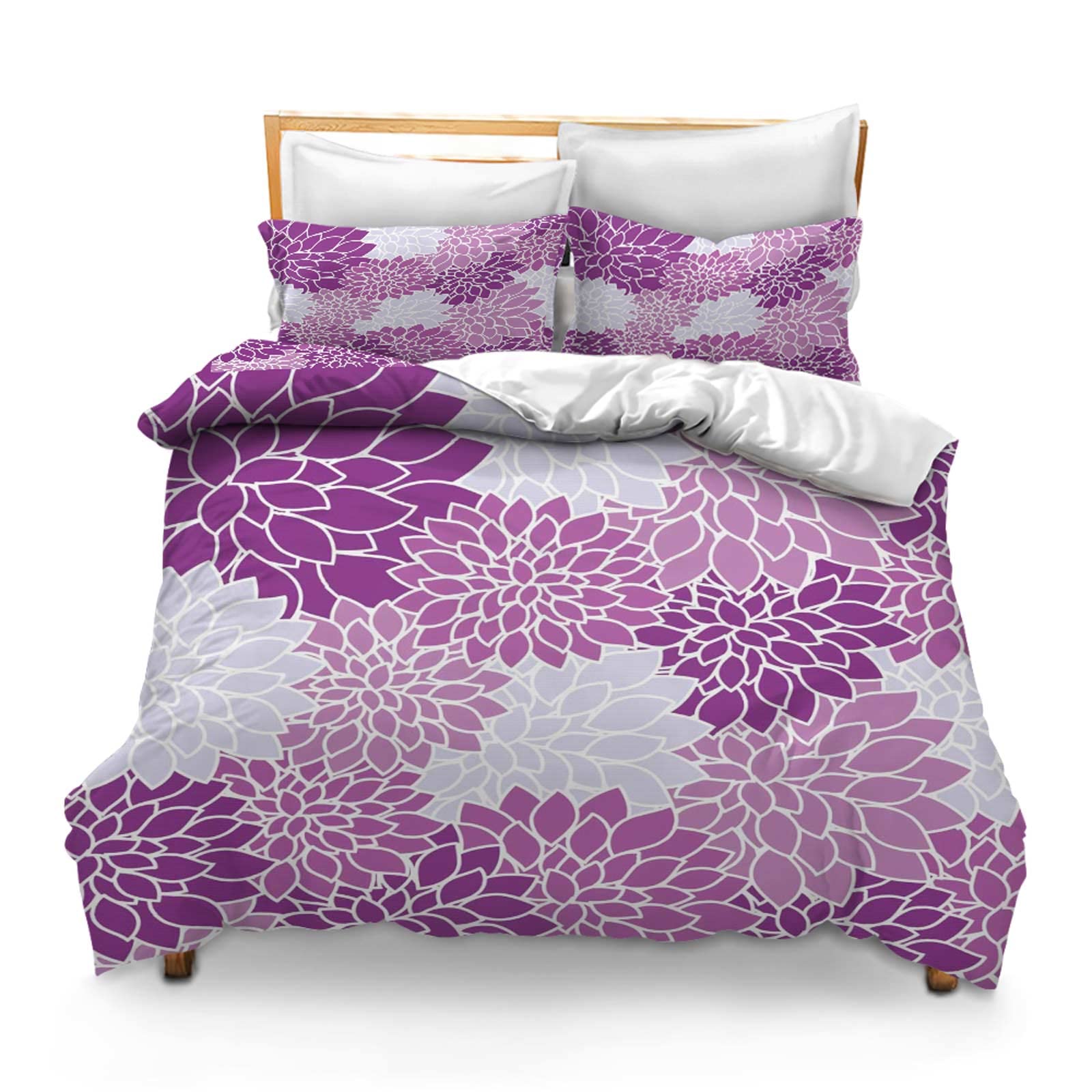 Comforter Cover Set King Size Floral Wallpaper Flowers Dahlias Purple Background Pattern