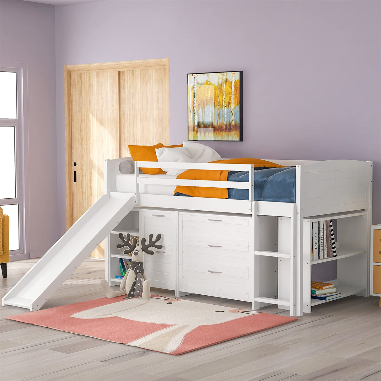 Slide and Storage Twin Loft Bed Frame with Cabinet Drawers and Book Shelves, Wooden