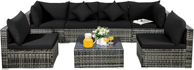 7 Pieces Patio Furniture Set, Patiojoy All-Weather Outdoor Rattan Sectional Sofa Set