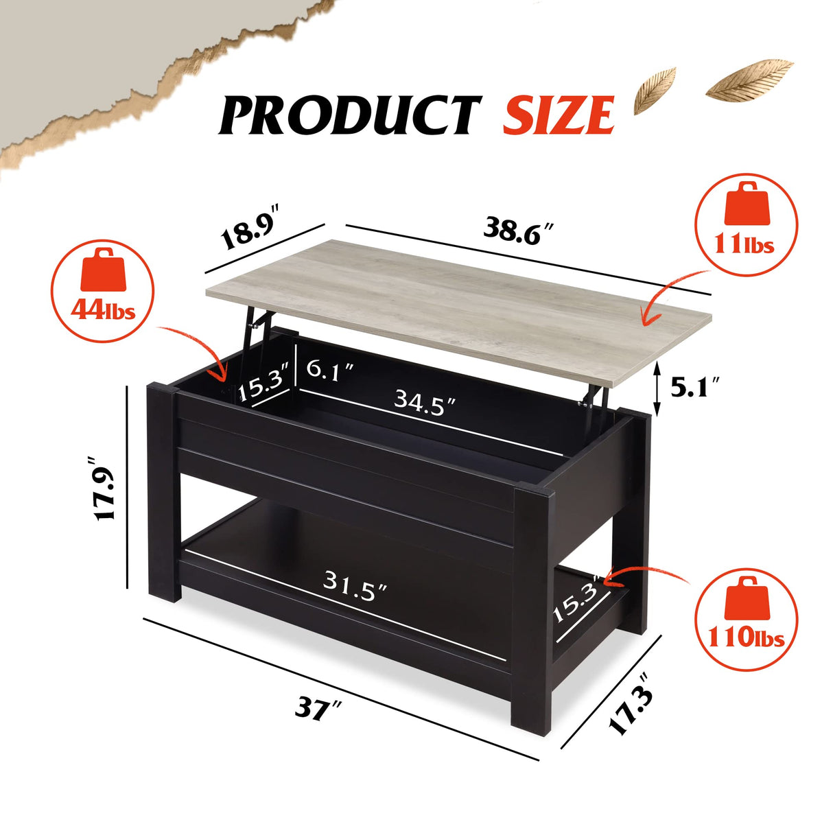 Coffee Table, 39" Lift Top Coffee Table with Hidden Compartment and Storage Shelf