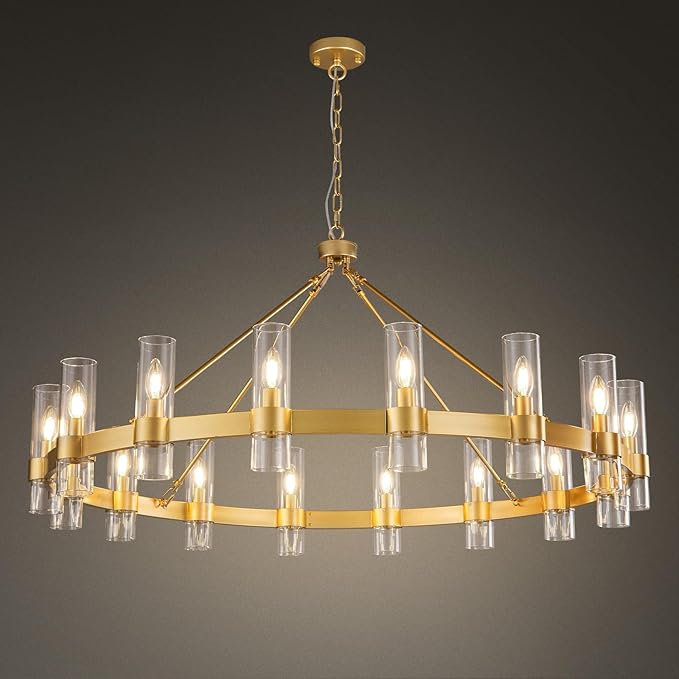 20-Light Large Gold Wagon Wheel Chandelier with Glass Shades