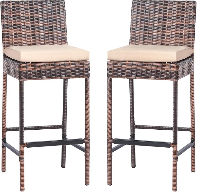 Outdoor Wicker Bar Stool Set of 2, Patio Bar Stools w/Cushion, Bar Height Patio Chairs