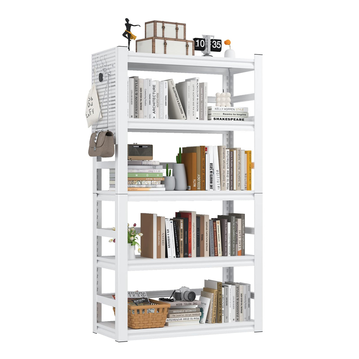 RGGCABINET 5 Tier Metal Bookshelf, 63" Tall Bookcase, Adjustable White Book Shelf, Heavy Duty Storage Shelves for Bedroom, Living Room, Home Office, School, Bathroom and Kitchen