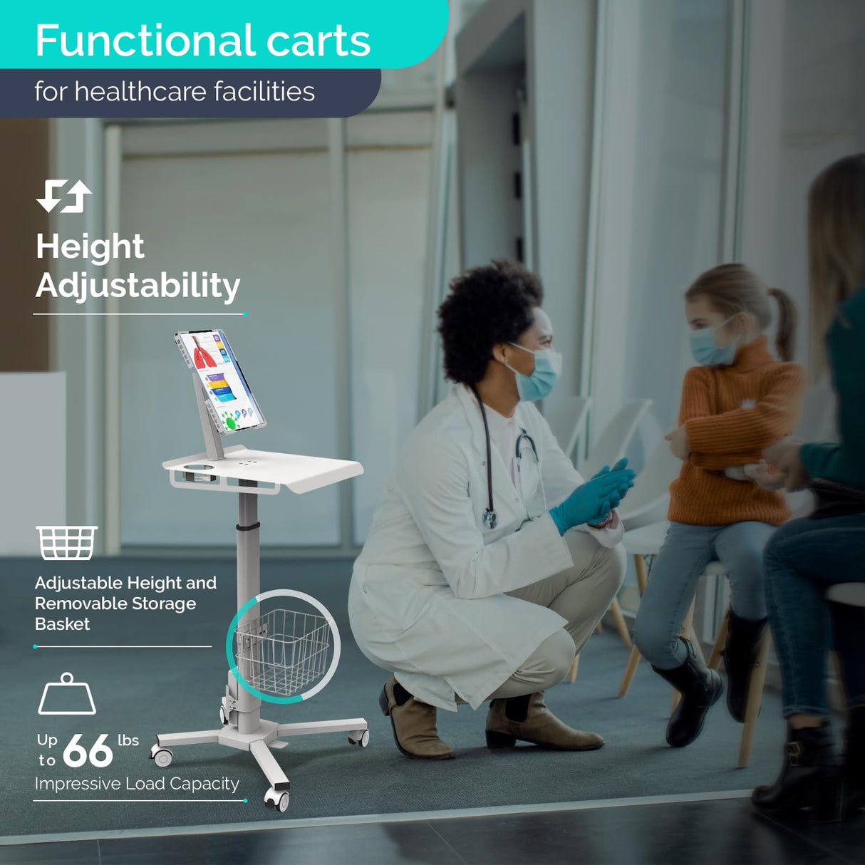 Adjustable Rolling Medical Cart: Pneumatic Mobile Workstation with iPad Enclosure for 9.7-13" iPad and Tablet - Ideal for Hospital Dental Clinic Office