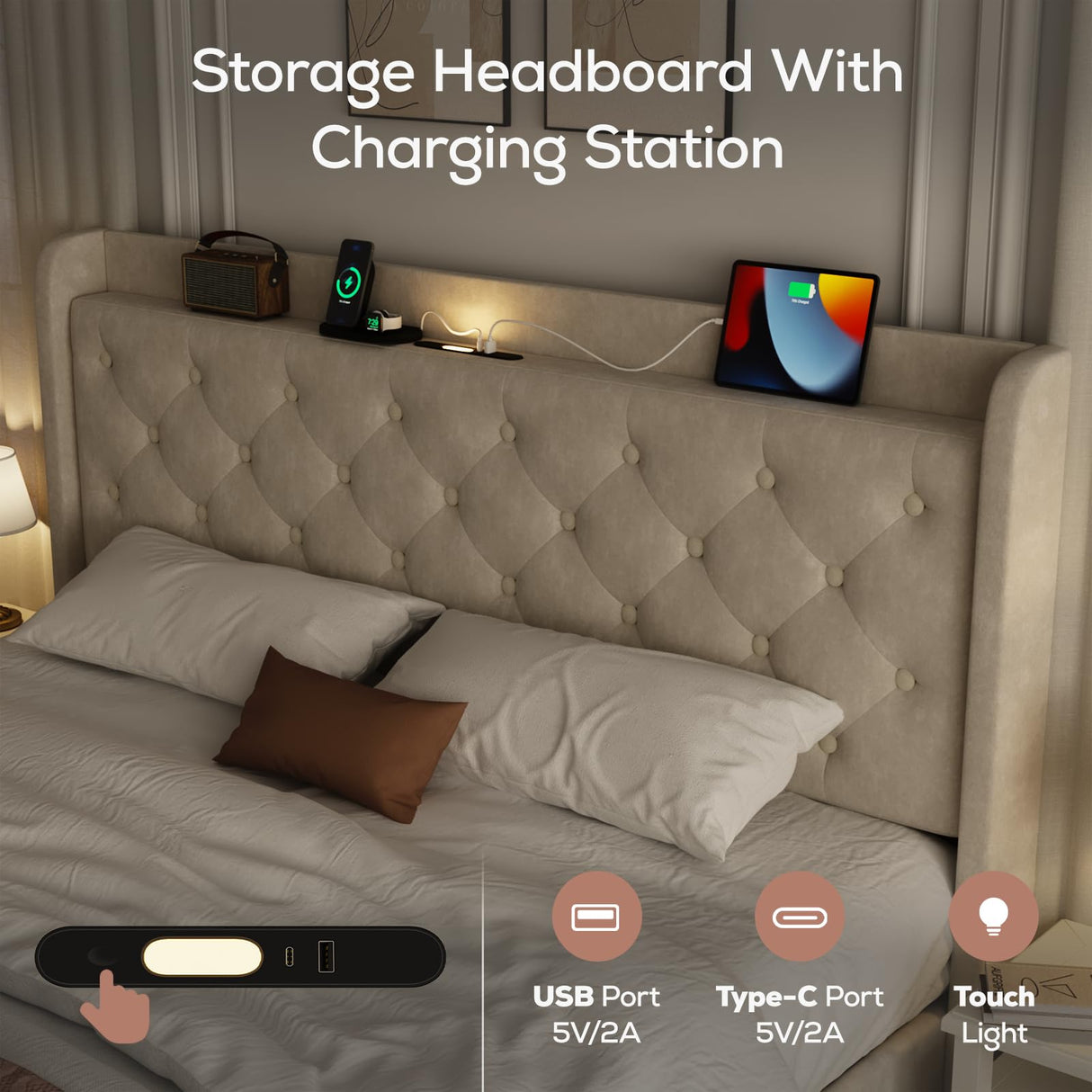 Beige Queen Bed Frame with Charging Ports & Upholstered Platform