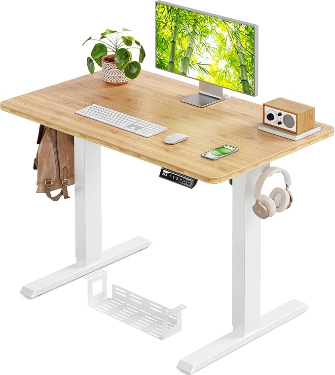 Whole Piece Standing Desk with Bamboo Desktop, Adjustable Stand Up Desk for Home Office, Electric Computer Desk Workstation with Cable Management Tray, 48x24 inch, Bamboo, EGESD64RB