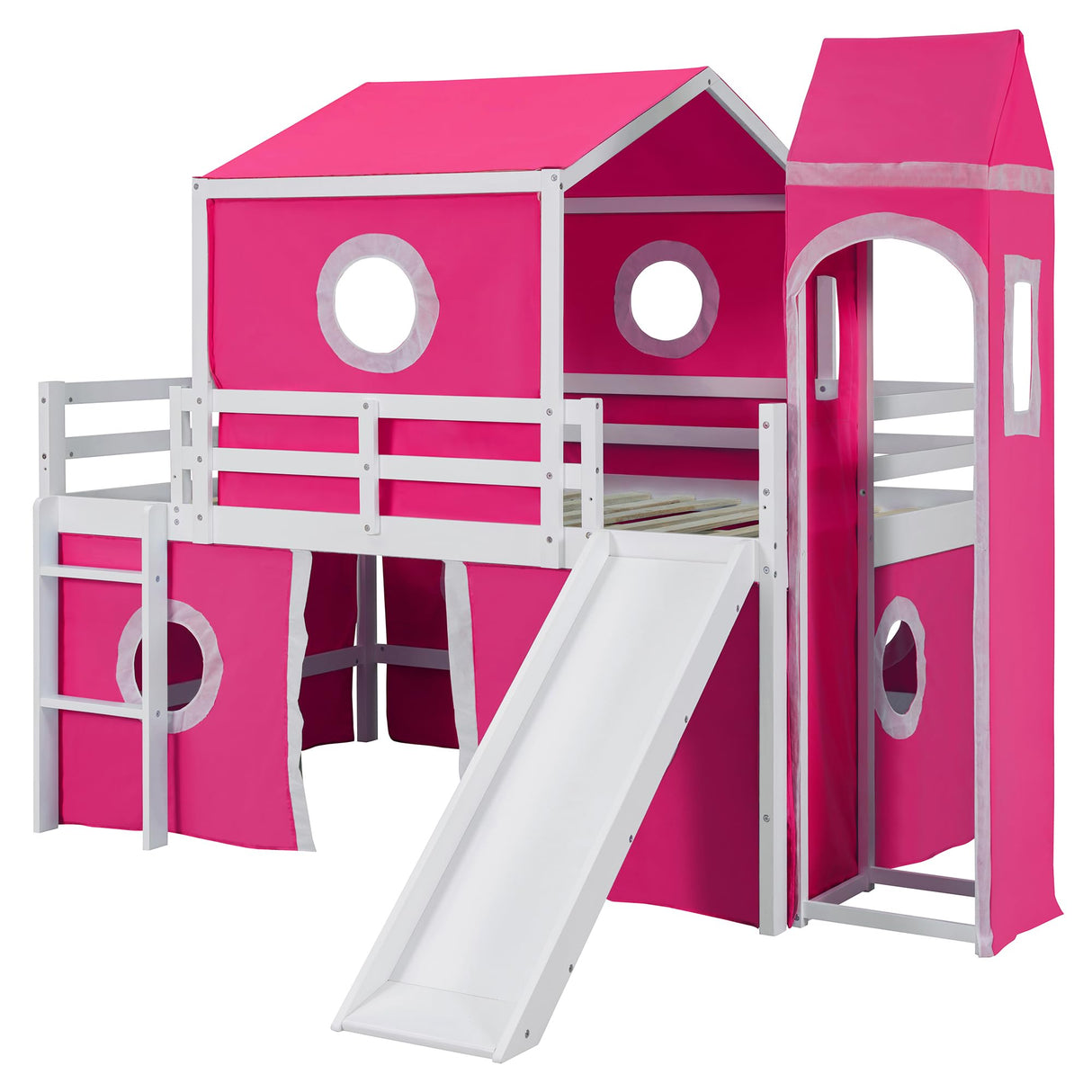 Loft Bed with Slide and Curtains, Full Over Full Floor Bunk Bed with House Shape Tent