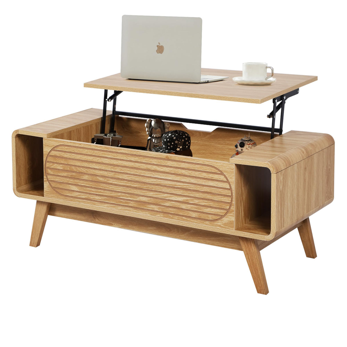 Small Lift Top Coffee Table with Hidden Compartment, Mid Century Modern Curved Coffee Table with Storage Shelf, Wooden Rectangle Center Table with Lift Tabletop for Living Room, Office (Natural)