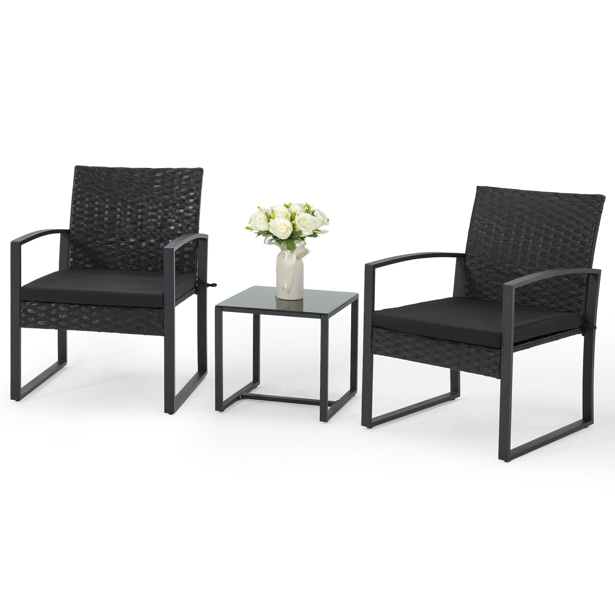 3-Piece Outdoor Rattan Bistro Set with Coffee Table and Cushioned Chairs