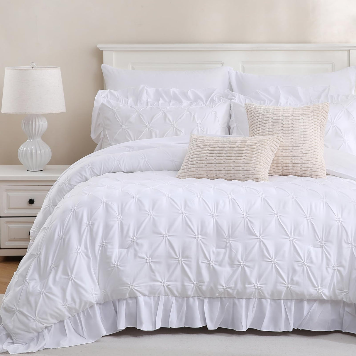 Pinch Pleated Comforter Bed in A Bag Queen 10 Pieces White Ruffled Comforter Set Pintuck Bedding Set