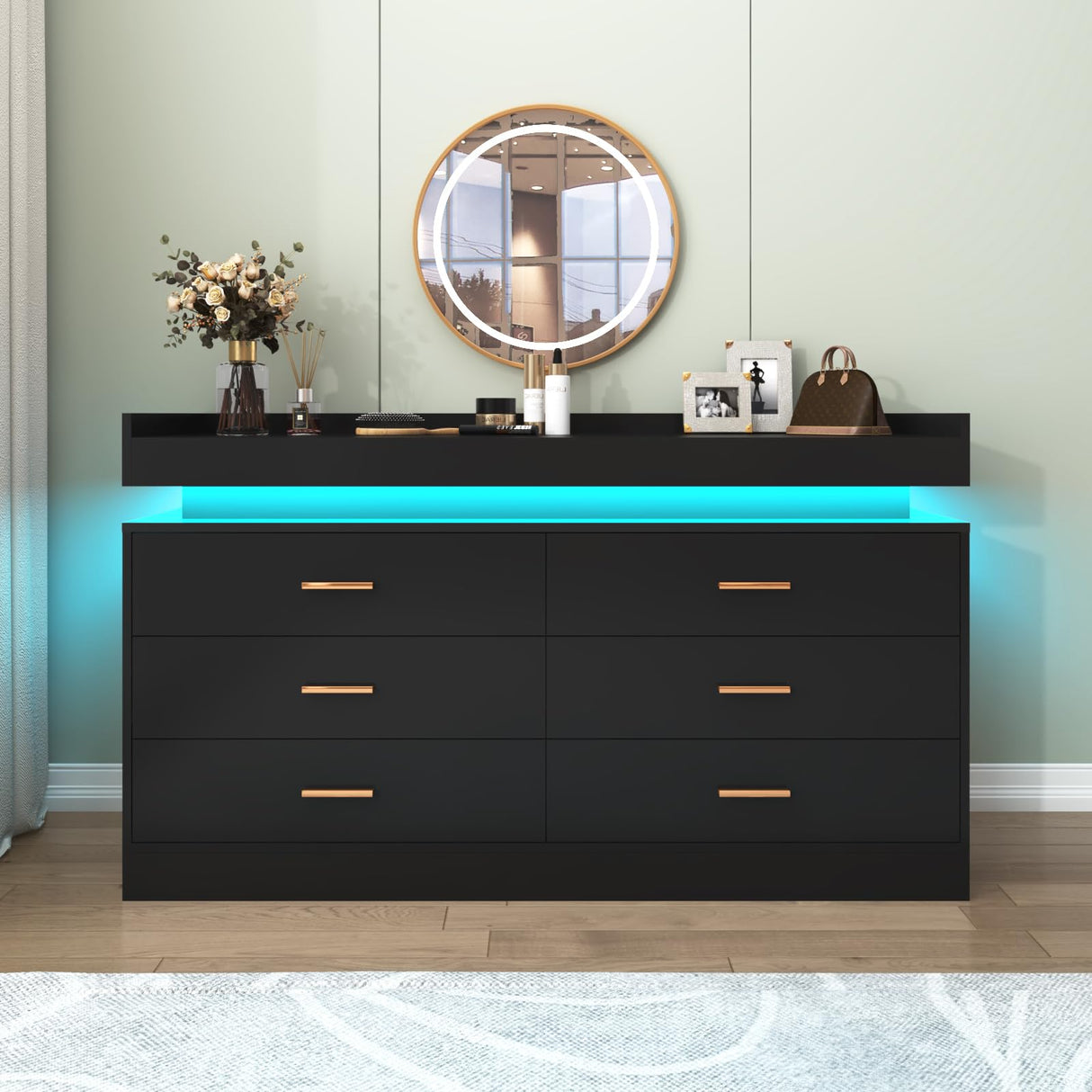 6 Drawer Dresser with LED Light, Modern Chest of Drawers