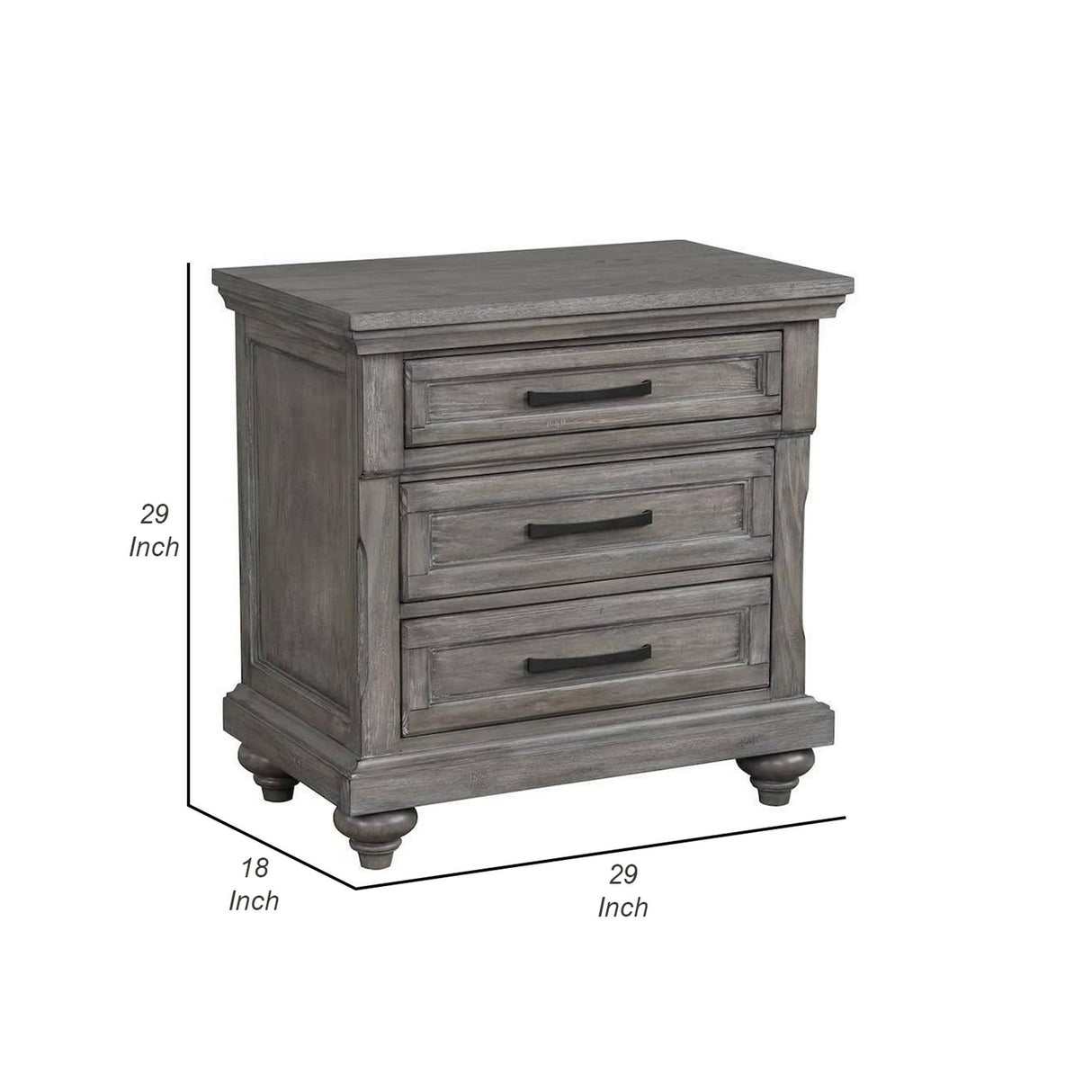 Demi 29 Inch Wood Nighstand with 3 Drawers, Metal Bar Handles, Oak Gray
