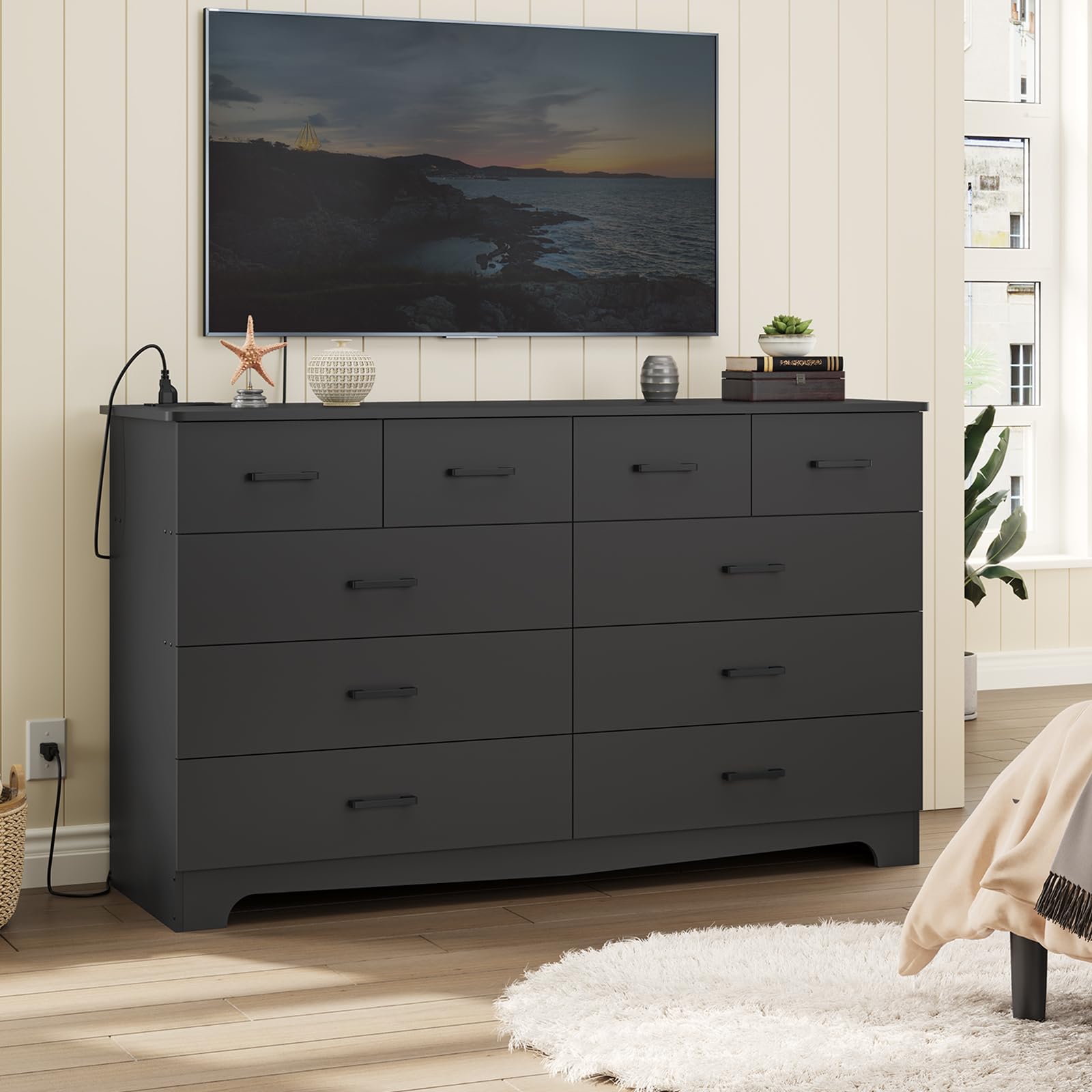 Black Dresser for Bedroom with 10 Drawers, Large Chest of Drawers Storage Organizer