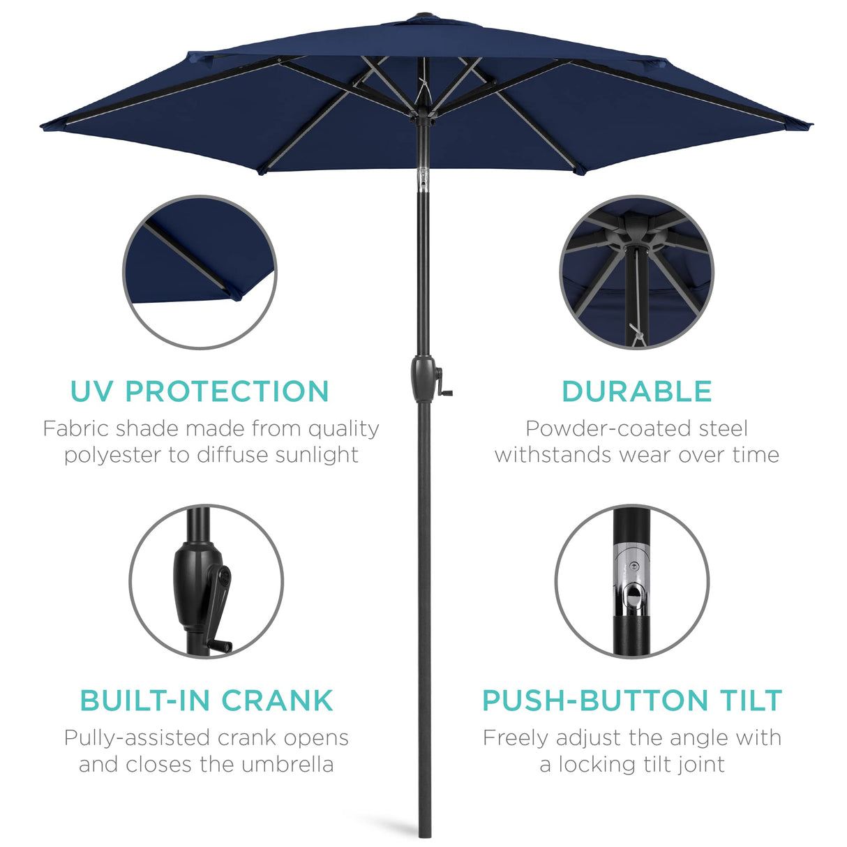 7.5ft Heavy-Duty Round Outdoor Market Table Patio Umbrella w/Steel Pole, Push Button Tilt