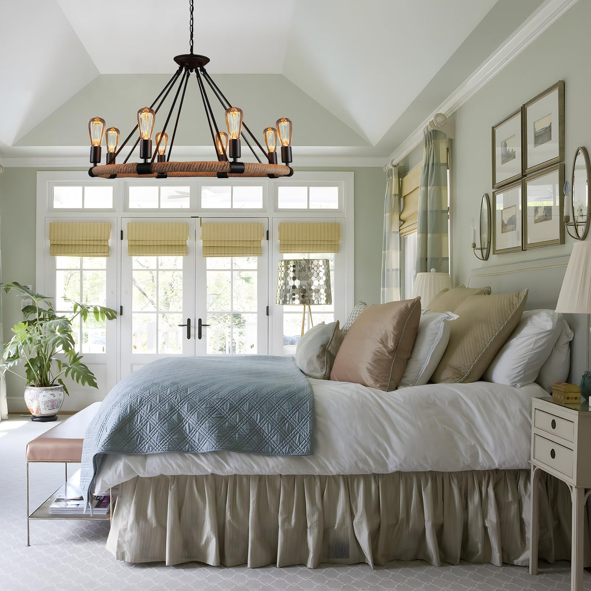 8-Light Wagon Wheel Chandelier, 83.6" Height Adjustable Hemp Rope Farmhouse Chandelier