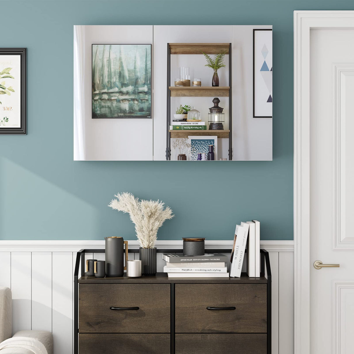 Medicine Cabinet with 3 Mirrored Doors, Surface or Recessed Mount Bathroom Medicine