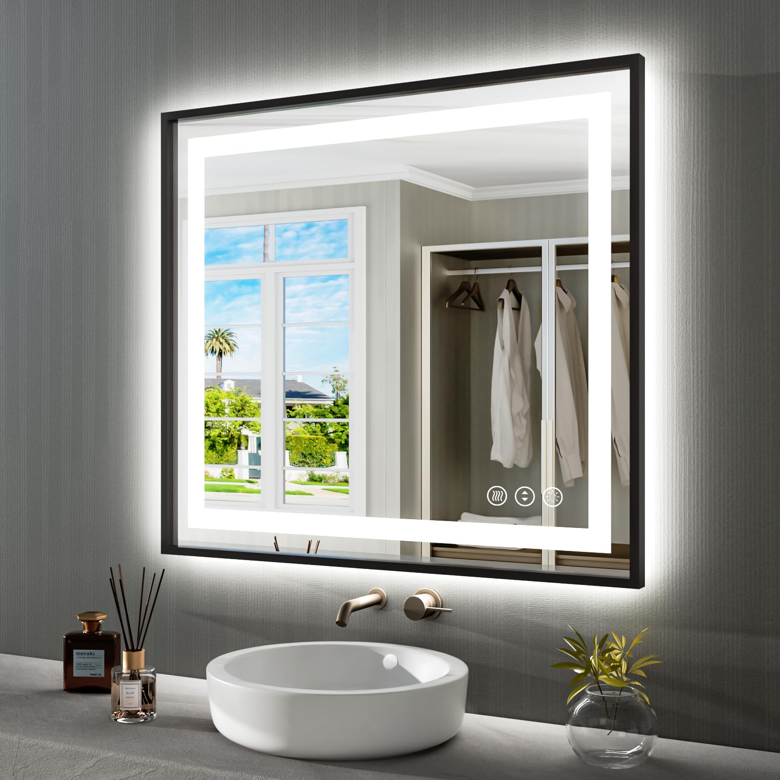 40"X36" LED Bathroom Mirror with Black Frame, Front Light and Backlit