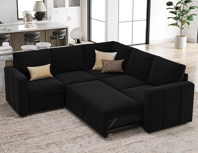 Modular Sectional Sleeper Sofa with Pull Out Couch Bed Velvet Fabric Loveseat Sleeper