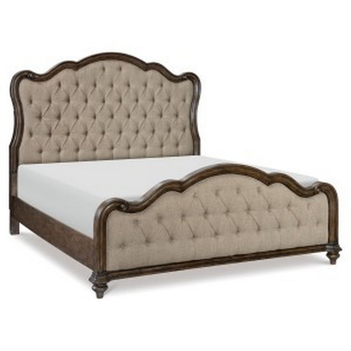 Deborah Queen Bed, Button Tufted Beige Fabric Upholstery, Brown Wood