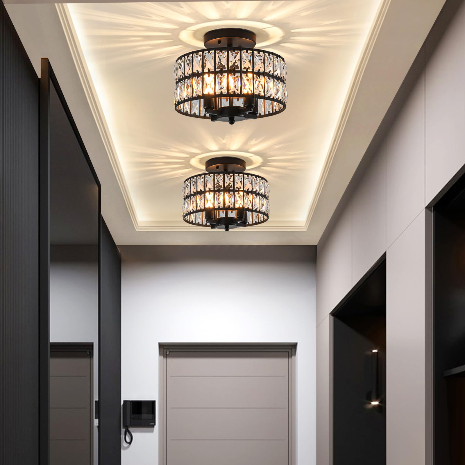 SeeU Modern Crystal Chandelier Black Flush Mount Pendant Lighting 12.6'' Ceiling Light Fixture for Bathroom Bedroom Hallway…