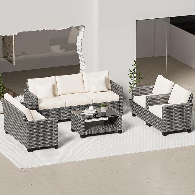 Patio Furniture Set 5 Pieces, Outdoor Seating Furniture with 7 Seat and Glass Coffee Table
