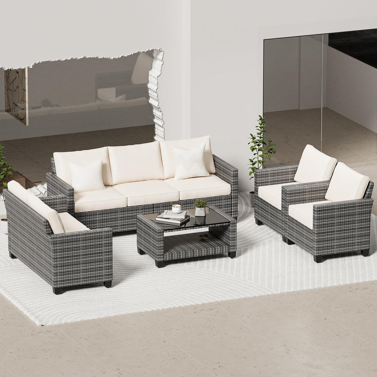 Patio Furniture Set 5 Pieces, Outdoor Seating Furniture with 7 Seat and Glass Coffee Table