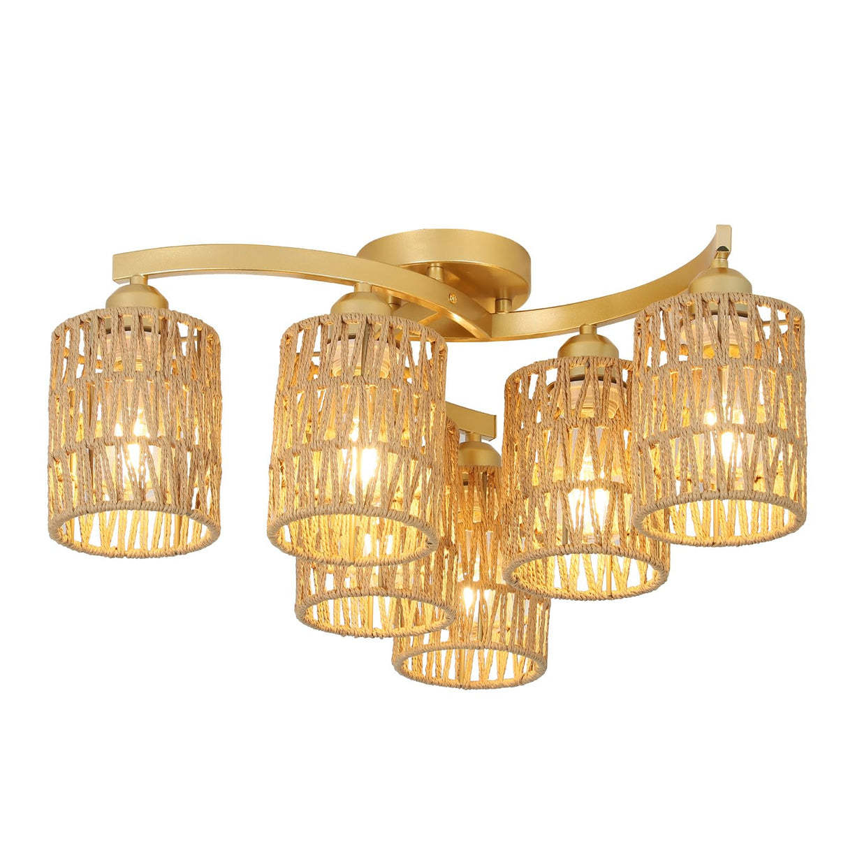 Gold Ceiling Light Fixture, Hand-Woven Rattan Flush Mount Ceiling Light, Bedroom