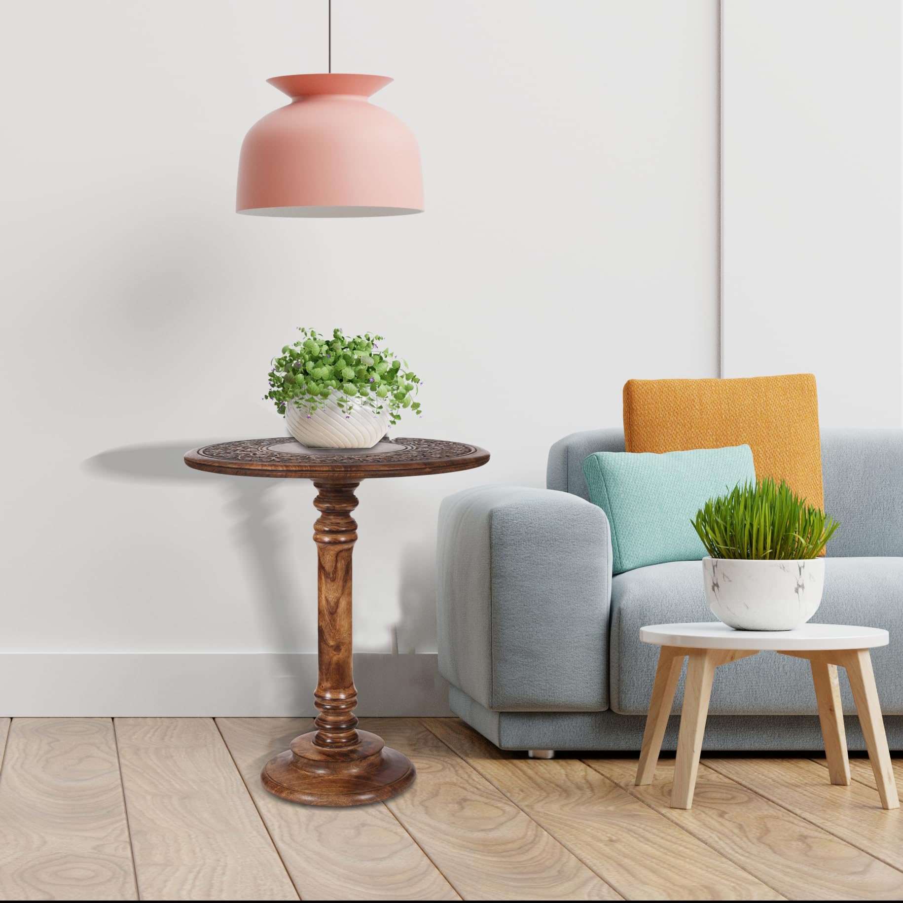 Hand-Carved Wooden Pillar Table - Small Side End Table, Elegant Entry & Living Room