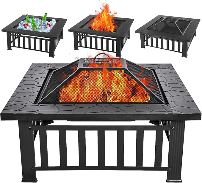 Multifunctional Fire Pit Table 32 inch Square Metal Firepit Stove Backyard Patio Garden