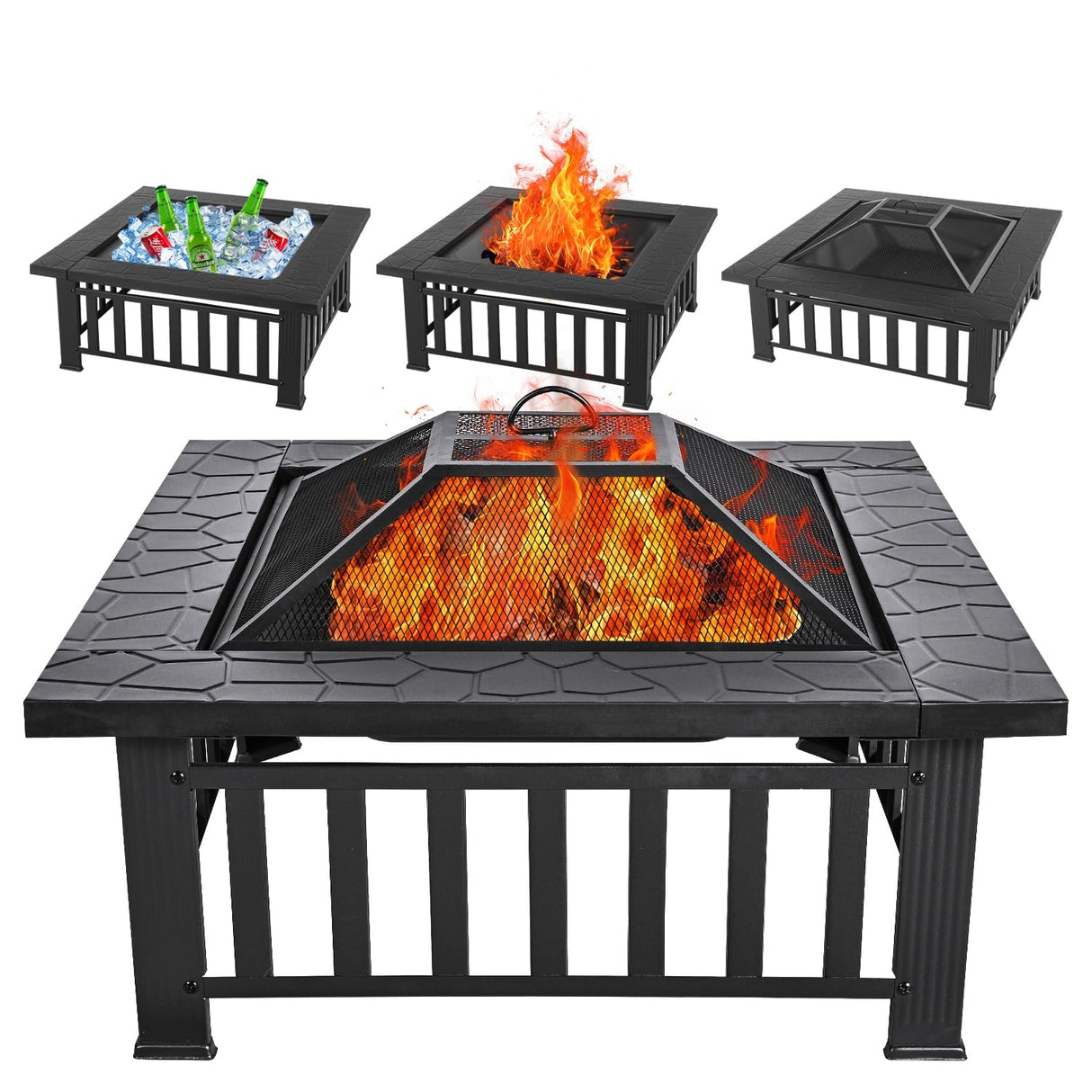 Panovue Multifunctional Fire Pit Table 32 inch Square Metal Firepit Stove Backyard Patio Garden Fireplace for Camping, Outdoor Heating, Bonfire and Picnic - Bircata