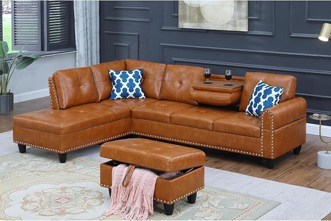 Transitional PU Faux Leather Sectional Sofa with Lift-top Storage Ottoman