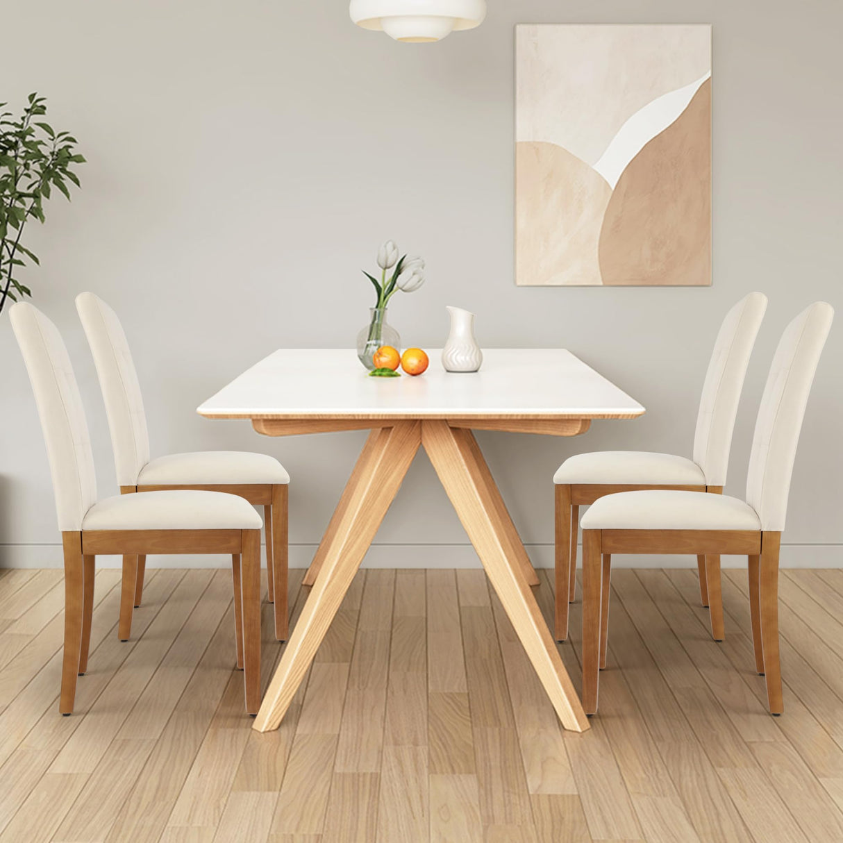 Modern Upholstered Dining Chairs Set of 4 - Fabric Kitchen Chairs with Wood Legs